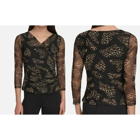 DKNY Women's 3/4-Sleeve Printed Mesh V-Neck Top XS - Picture 1 of 6